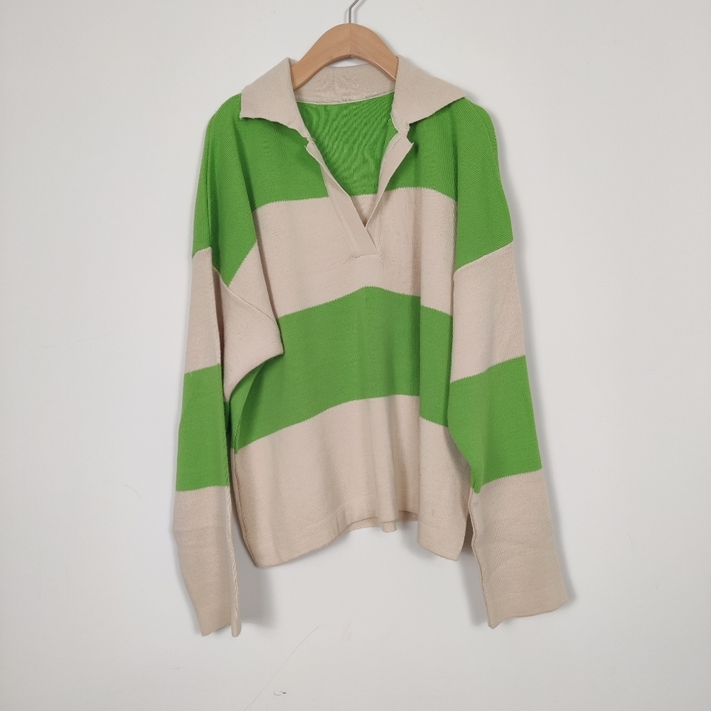 QU Style Women's Striped Sweater Cream Green Size Large Color Block V-neck Fall